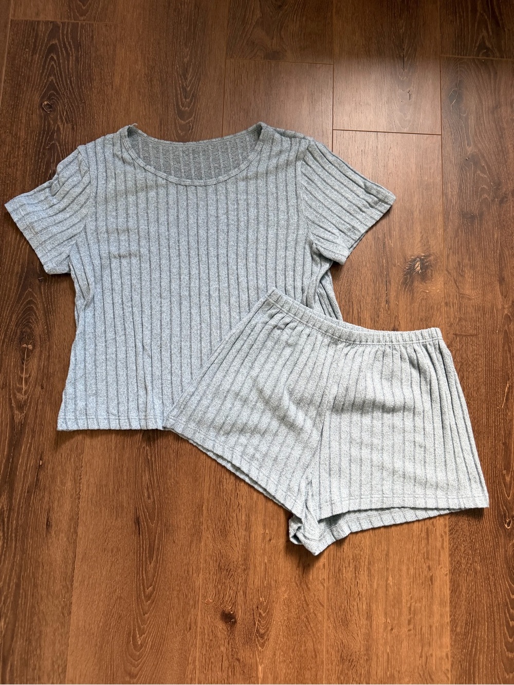 SHEIN Ribbed Short Sleeve Top & Shorts Set - Light Gray